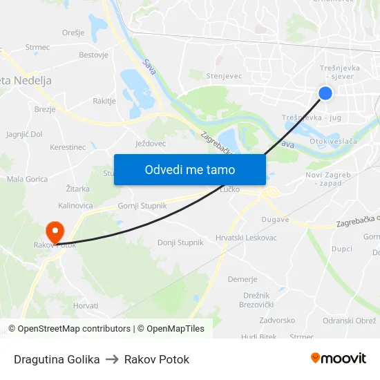 Dragutina Golika to Rakov Potok map