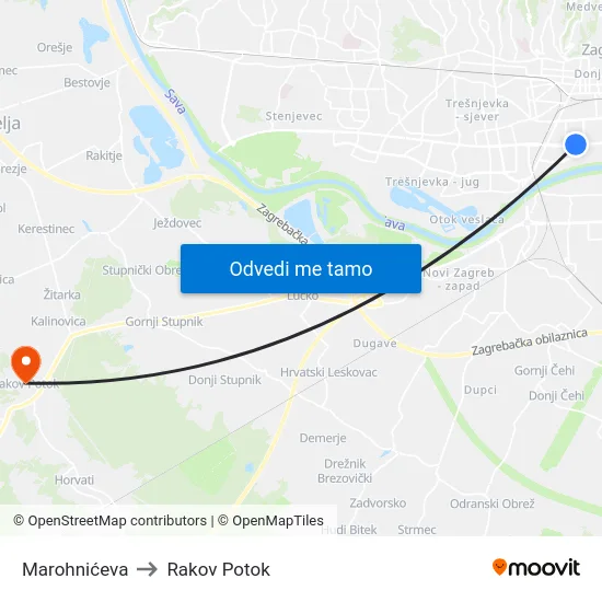 Marohnićeva to Rakov Potok map