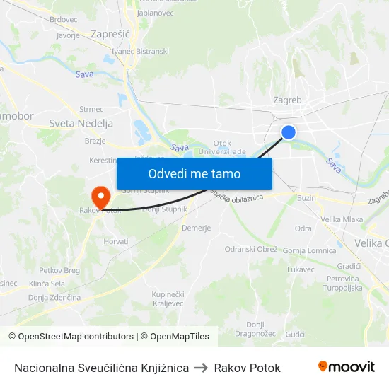 Nacionalna Sveučilična Knjižnica to Rakov Potok map