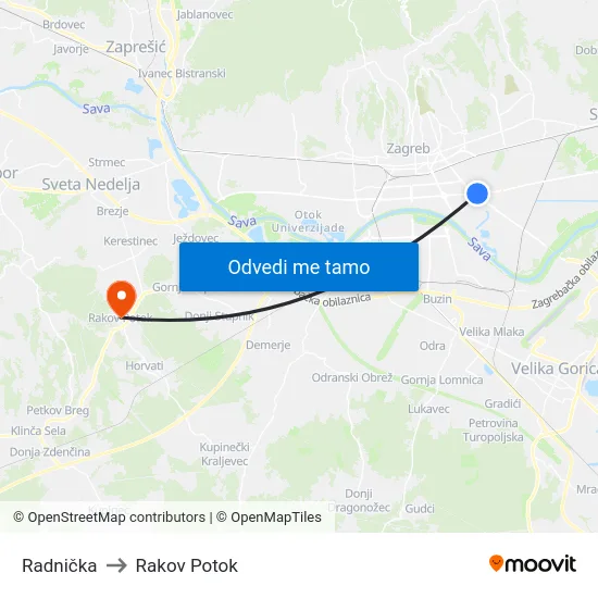 Radnička to Rakov Potok map