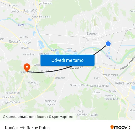 Končar to Rakov Potok map