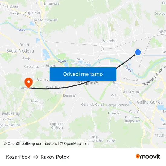 Kozari bok to Rakov Potok map