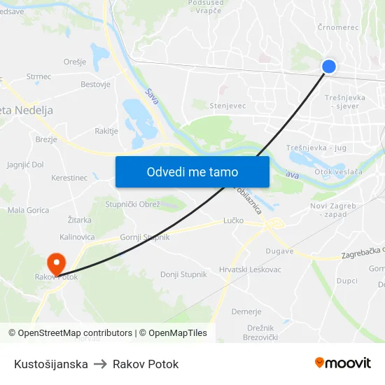 Kustošijanska to Rakov Potok map