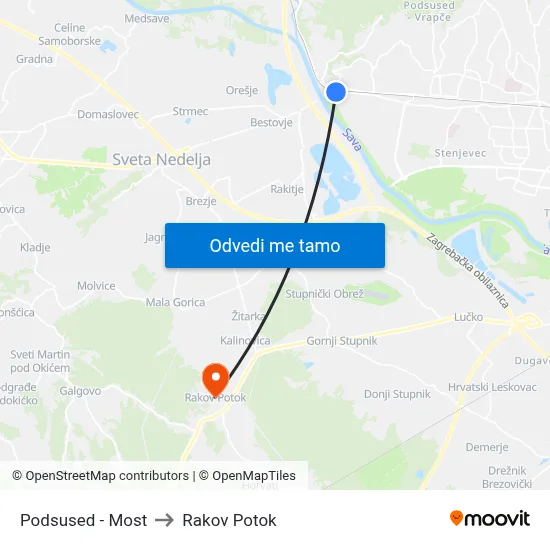 Podsused - Most to Rakov Potok map