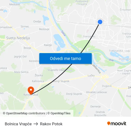 Bolnica Vrapče to Rakov Potok map