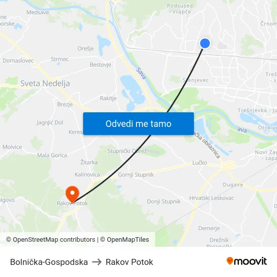 Bolnička-Gospodska to Rakov Potok map