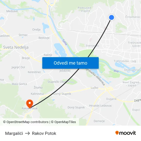 Margalići to Rakov Potok map