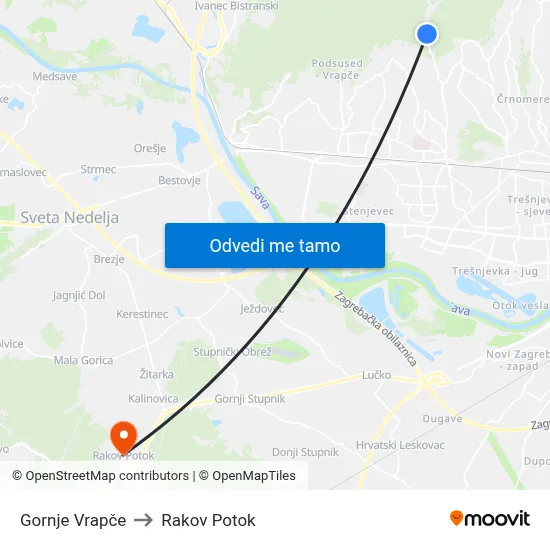 Gornje Vrapče to Rakov Potok map
