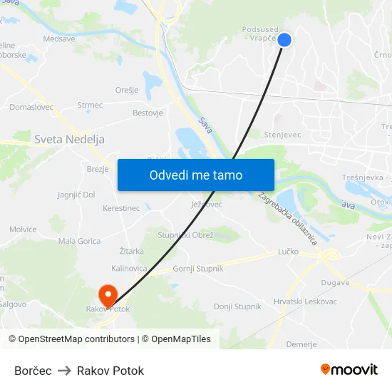 Borčec to Rakov Potok map