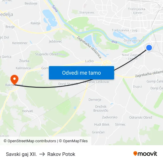 Savski gaj XII. to Rakov Potok map