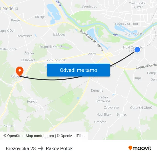 Brezovička 28 to Rakov Potok map