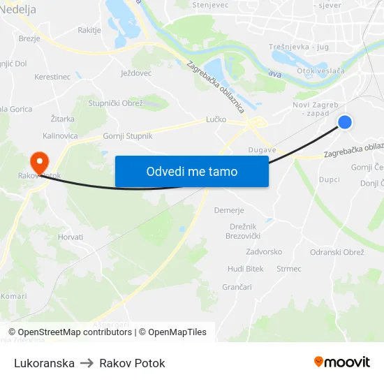 Lukoranska to Rakov Potok map