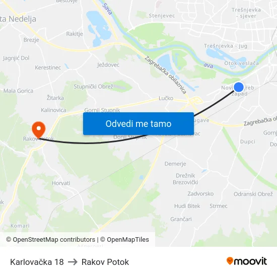 Karlovačka 18 to Rakov Potok map