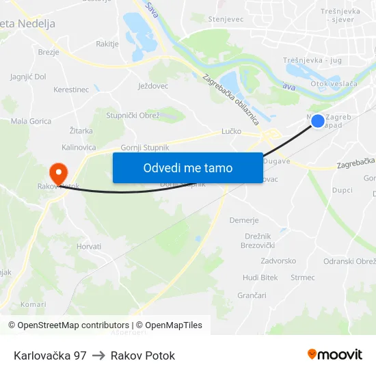 Karlovačka 97 to Rakov Potok map