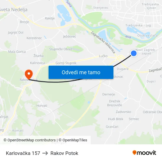 Karlovačka 157 to Rakov Potok map