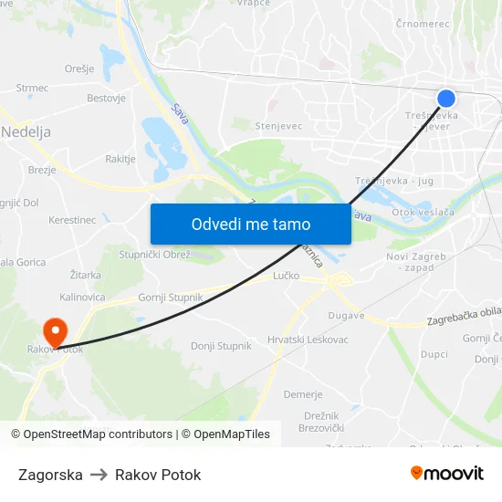 Zagorska to Rakov Potok map