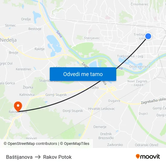 Baštijanova to Rakov Potok map