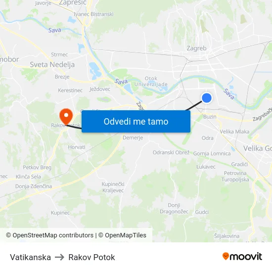 Vatikanska to Rakov Potok map