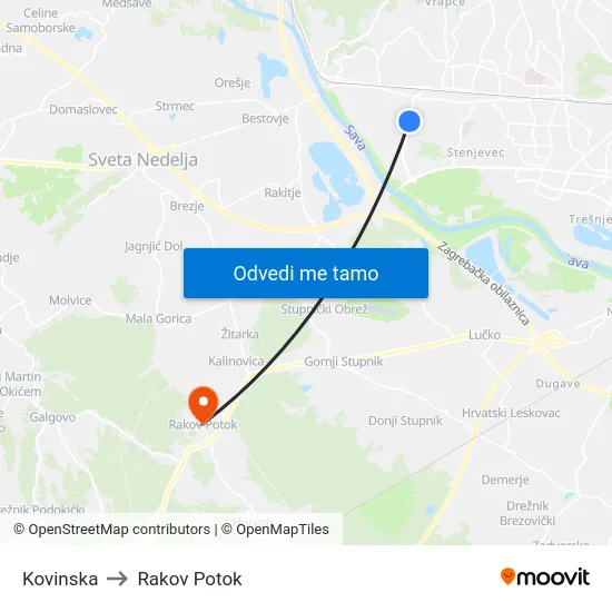 Kovinska to Rakov Potok map