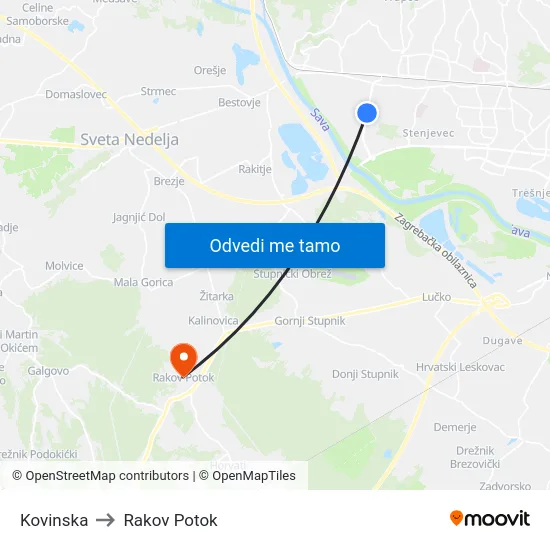 Kovinska to Rakov Potok map