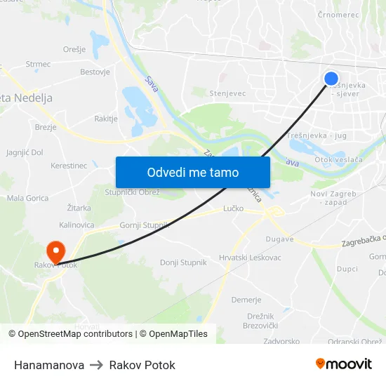 Hanamanova to Rakov Potok map