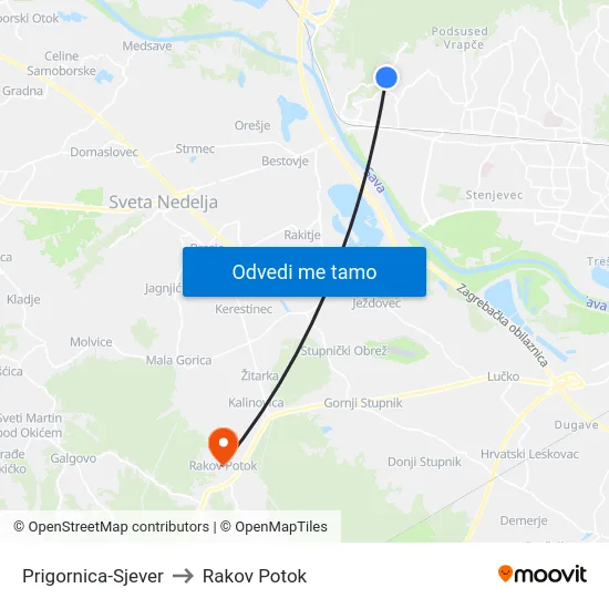 Prigornica-Sjever to Rakov Potok map