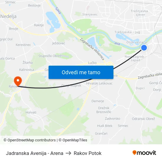 Jadranska Avenija - Arena to Rakov Potok map