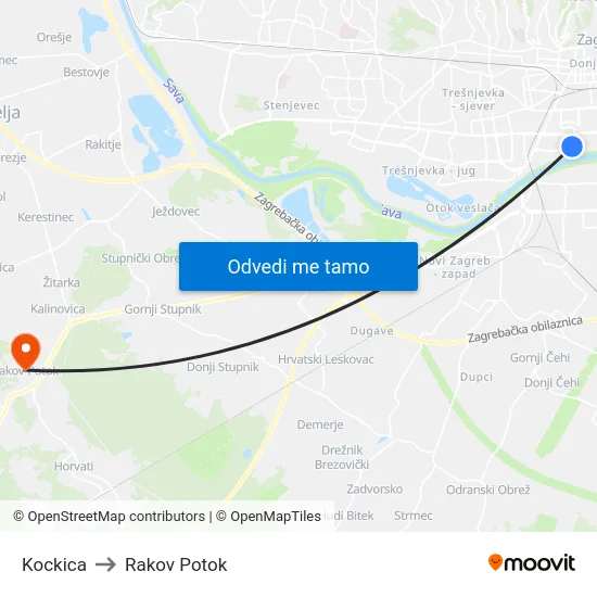 Kockica to Rakov Potok map