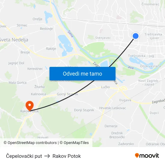 Čepelovački put to Rakov Potok map