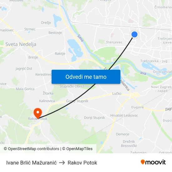 Ivane Brlić Mažuranić to Rakov Potok map