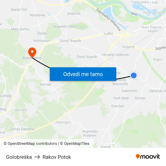 Golobreška to Rakov Potok map