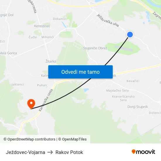 Ježdovec-Vojarna to Rakov Potok map