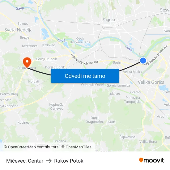 Mičevec, Centar to Rakov Potok map
