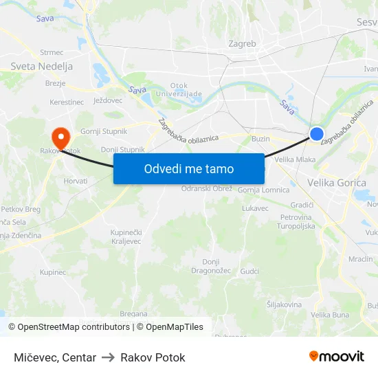 Mičevec, Centar to Rakov Potok map