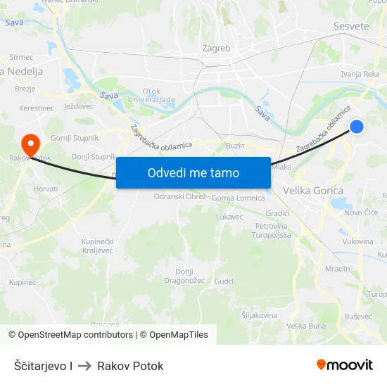 Ščitarjevo I to Rakov Potok map