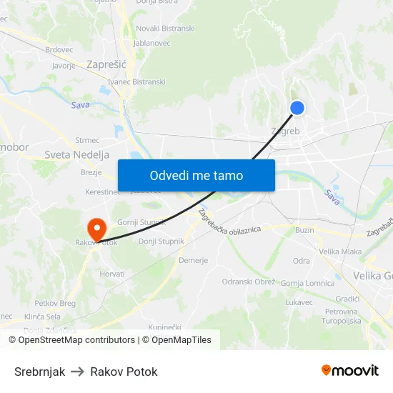 Srebrnjak to Rakov Potok map