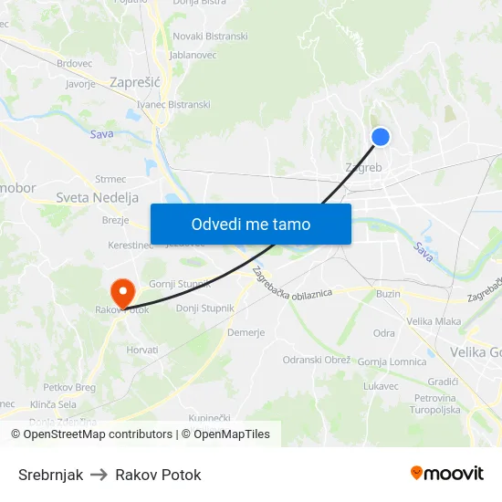 Srebrnjak to Rakov Potok map