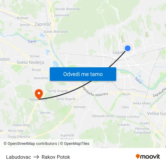 Labudovac to Rakov Potok map