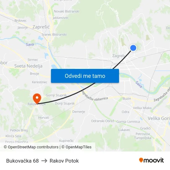 Bukovačka 68 to Rakov Potok map