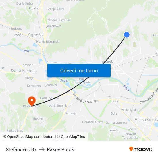 Štefanovec 37 to Rakov Potok map