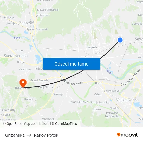 Grižanska to Rakov Potok map
