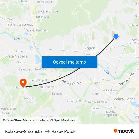Kolakova-Grižanska to Rakov Potok map