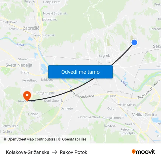 Kolakova-Grižanska to Rakov Potok map