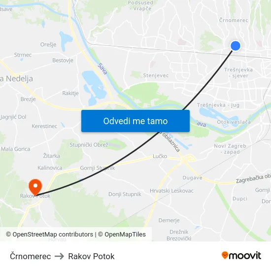 Črnomerec to Rakov Potok map