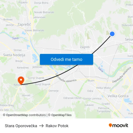 Stara Oporovečka to Rakov Potok map