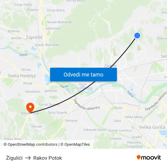 Žigulići to Rakov Potok map