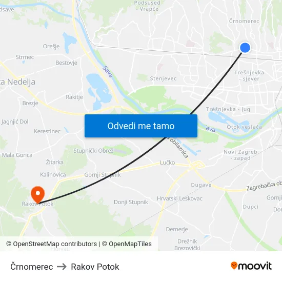 Črnomerec to Rakov Potok map