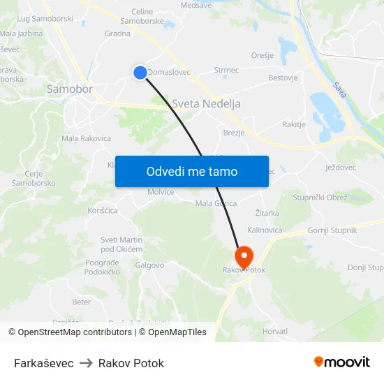 Farkaševec to Rakov Potok map