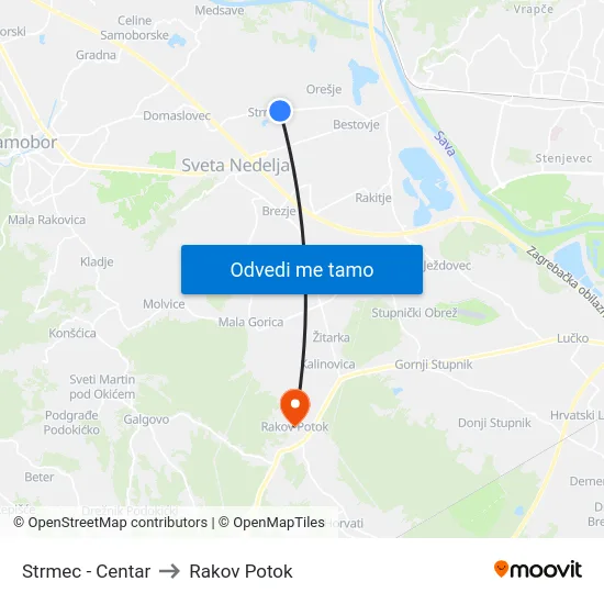 Strmec - Centar to Rakov Potok map