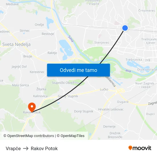 Vrapče to Rakov Potok map